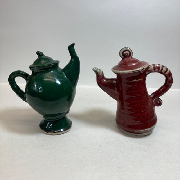 Handmade Ceramic Decorative Funky Teapots Green Maroon Signed Artisan Pottery - Picture 1 of 13